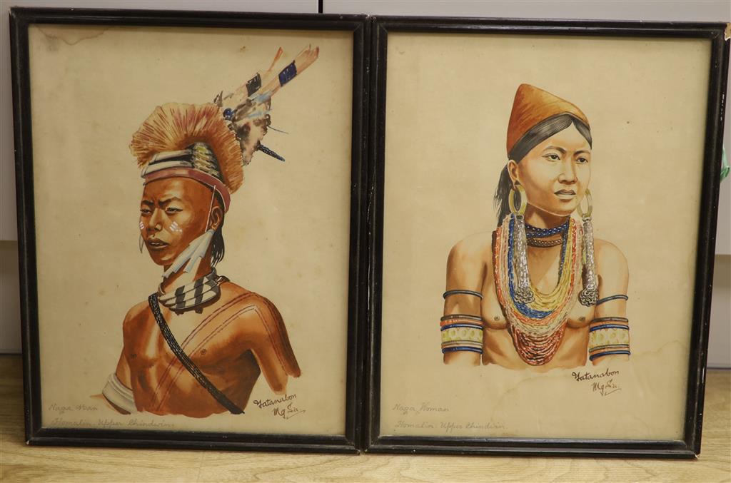 Yatanabon MgSu (Burmese), pair of watercolours, Studies of a Naga man and woman, Homalin Upper Chindwin, signed, 32 x 24cm